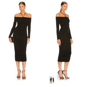 A.L.C. Avery Ruched Midi Dress Long Sleeves Black - Small